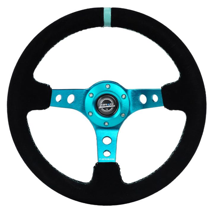 NRG RST-006S-TL - NRGRST-006S-TL - NRG Reinforced Steering Wheel (350mm/ 3in. Deep) Black Suede/ Teal Center Mark/ Teal Stitching - Shipped in Europe - Tuningsupply.com