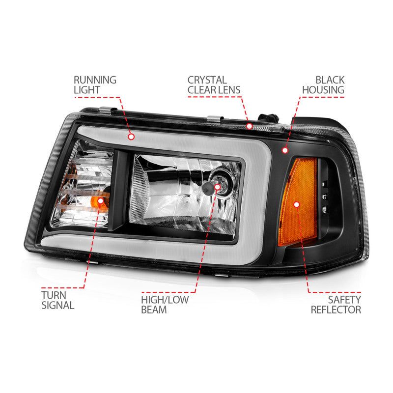 ANZO 111511 - ANZ111511 - ANZO 2001-2011 Ford Ranger Crystal Headlights w/ Light Bar Black Housing - Shipped in Europe - Tuningsupply.com