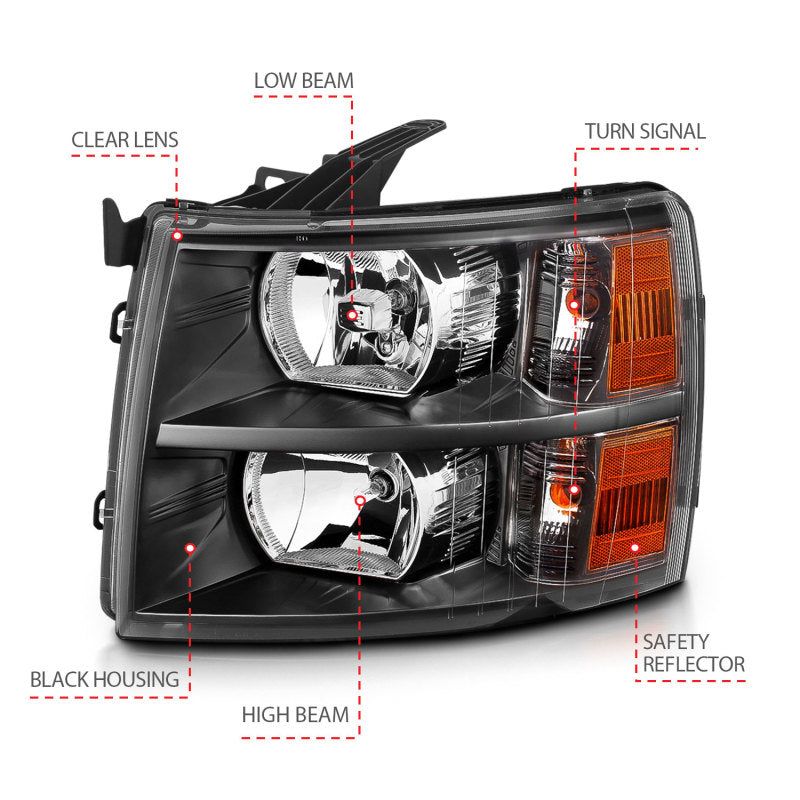 ANZO 111393 - ANZ111393 - ANZO 2007-2013 Chevrolet Silverado Crystal Headlights Black - Shipped in Europe - Tuningsupply.com