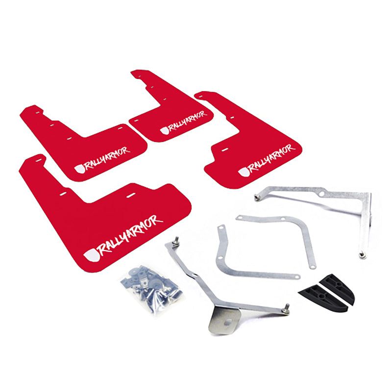 Rally Armor MF32-UR-RD/WH-X - RALMF32-UR-RD/WH-X - Rally Armor 15-21 Subaru WRX/STI Red Mud Flap White Altered Font Logo - Shipped in Europe - Tuningsupply.com
