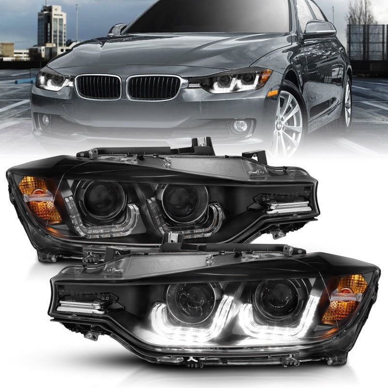 ANZO 121504 - ANZ121504 - ANZO 2012-2015 BMW 3 Series Projector Headlights w/ U-Bar Black - Shipped in Europe - Tuningsupply.com