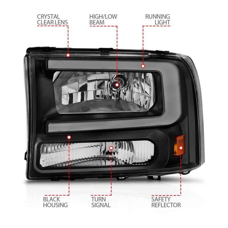 ANZO 111549 - ANZ111549 - ANZO 99-04 Ford F250/F350/F450/Excursion (excl. 99) Crystal Headlights - w/ Light Bar Black Housing - Shipped in Europe - Tuningsupply.com