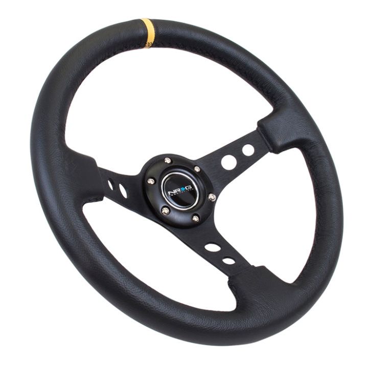 NRG RST-006BK-Y - NRGRST-006BK-Y - NRG Reinforced Steering Wheel (350mm / 3in. Deep) Blk Leather w/Blk Cutout Spoke/Yellow Center Mark - Shipped in Europe - Tuningsupply.com