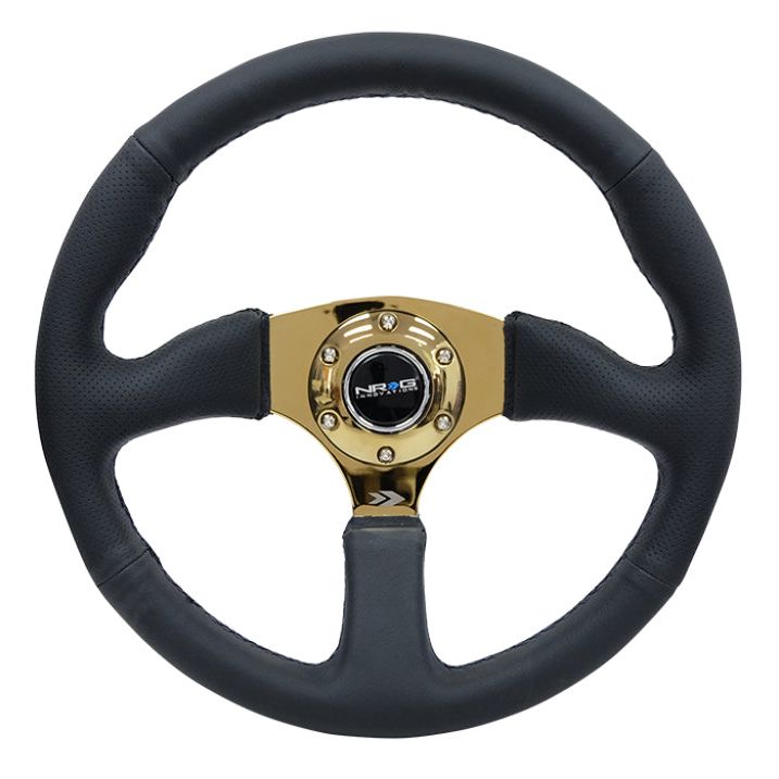 NRG RST-023GD-R - NRGRST-023GD-R - NRG Reinforced Steering Wheel (350mm / 2.5in. Deep) Leather Race Comfort Grip w/4mm Gold Spokes - Shipped in Europe - Tuningsupply.com