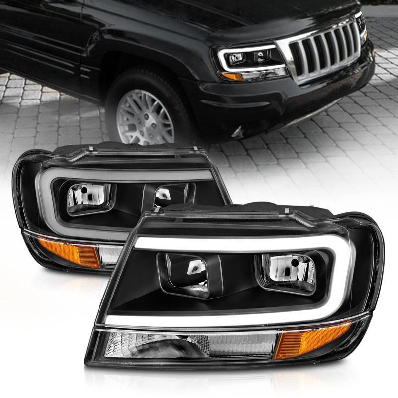 ANZO 111537 - ANZ111537 - ANZO 99-04 Jeep Grand Cherokee Crystal Headlights - w/ Light Bar Black Housing - Shipped in Europe - Tuningsupply.com
