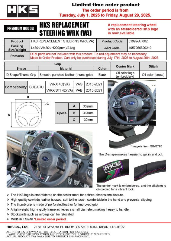 

HKS 51999-AF002 - HKS51999-AF002 - HKS Subaru WRX STI VAB Replacement Steering Wheel - Shipped in Europe - Tuningsupply.com
