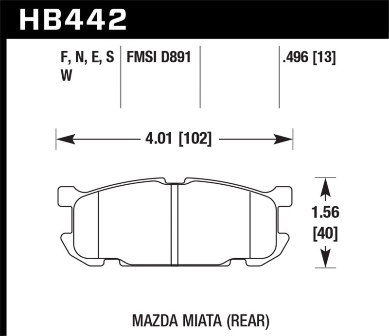 
  

Hawk Performance KHB442N.496 - HAWKHB442N.496 - Hawk 01-02 Miata w/ Sport Suspension HP+  Street Rear Brake Pads (D891) - Shipped in Europe - Tuningsupply.com

