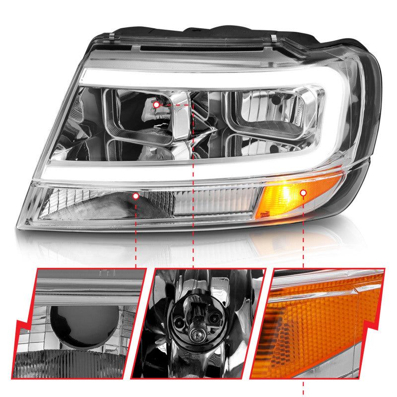 ANZO 1999-2004 Jeep Grand Cherokee Crystal Headlights w/ Light Bar Chrome Housing-tuningsupply.com