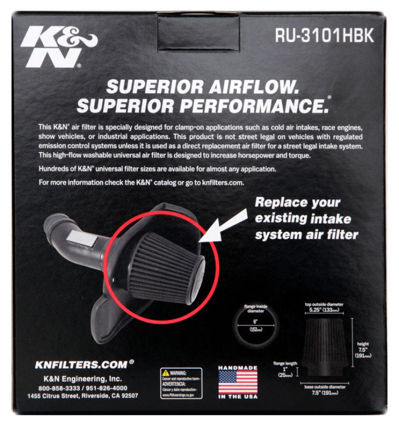 
  

K&N Engineering RU-3101HBK - KNNRU-3101HBK - K&N Universal Rubber Filter Round Tapered 6in Flange ID x 7.5in Base OD x 5.25in Top OD x 8in Height - Shipped in Europe - Tuningsupply.com

