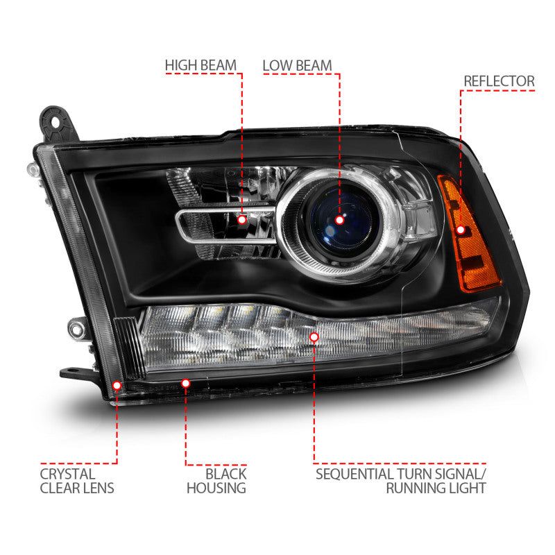 ANZO 09-18 Dodge Ram 1500/2500/3500 LED Plank Style Headlights Switchback + Sequential - Matte Black-tuningsupply.com