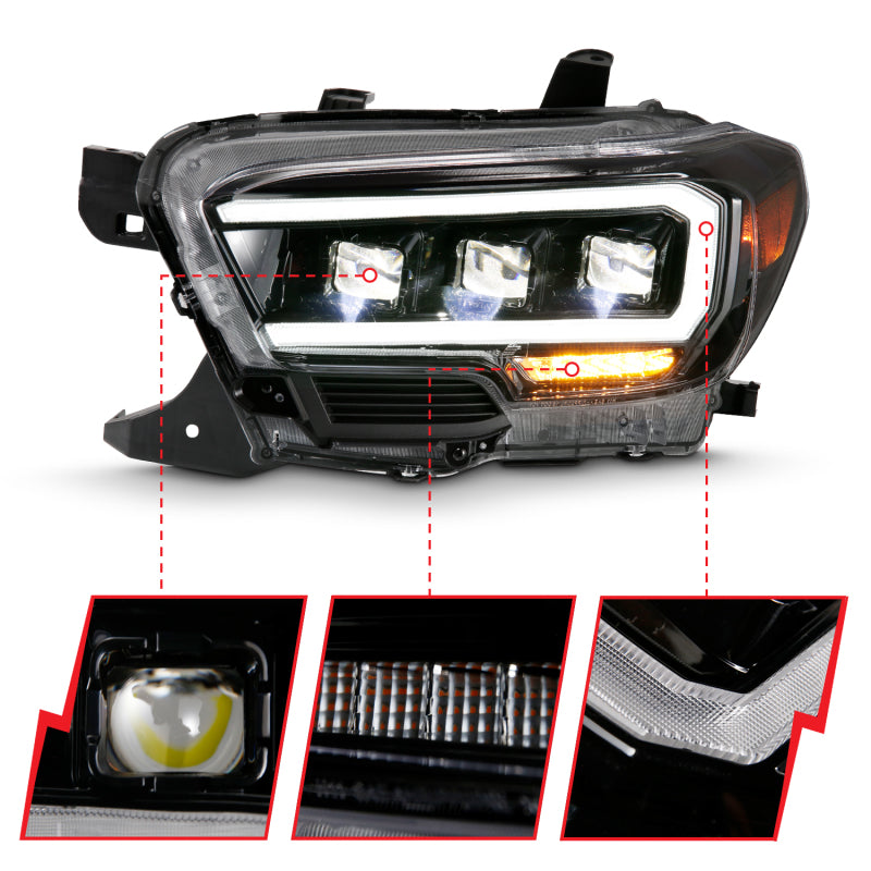 ANZO 2016-2018 Toyota Tacoma LED Projector Headlights Plank Style Black w/ Amber-tuningsupply.com