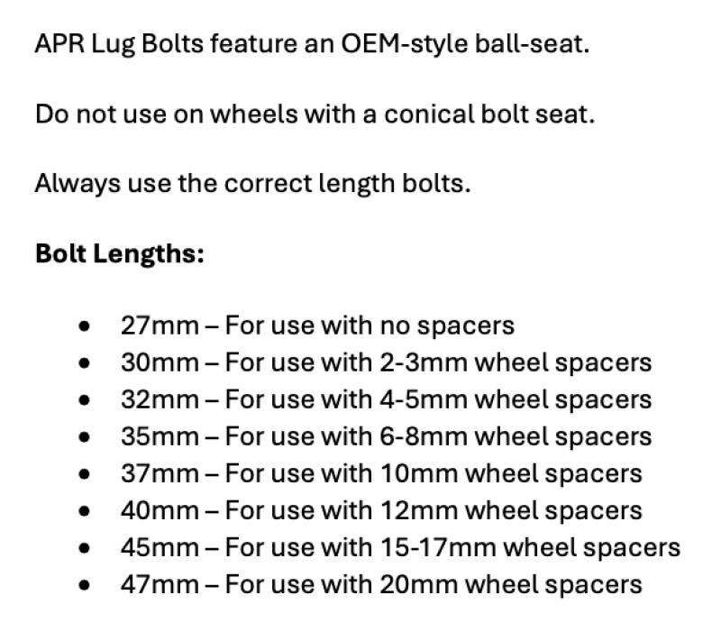 

APR MS100176 - APRMS100176 - APR Lug Bolts - Use w/12mm Spacers - 40mm - Black (Set of 10) - Shipped in Europe - Tuningsupply.com
