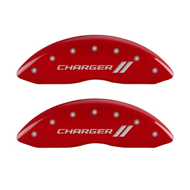 MGP 4 Caliper Covers Engraved Front & Rear With stripes/Charger Red finish silver ch-tuningsupply.com