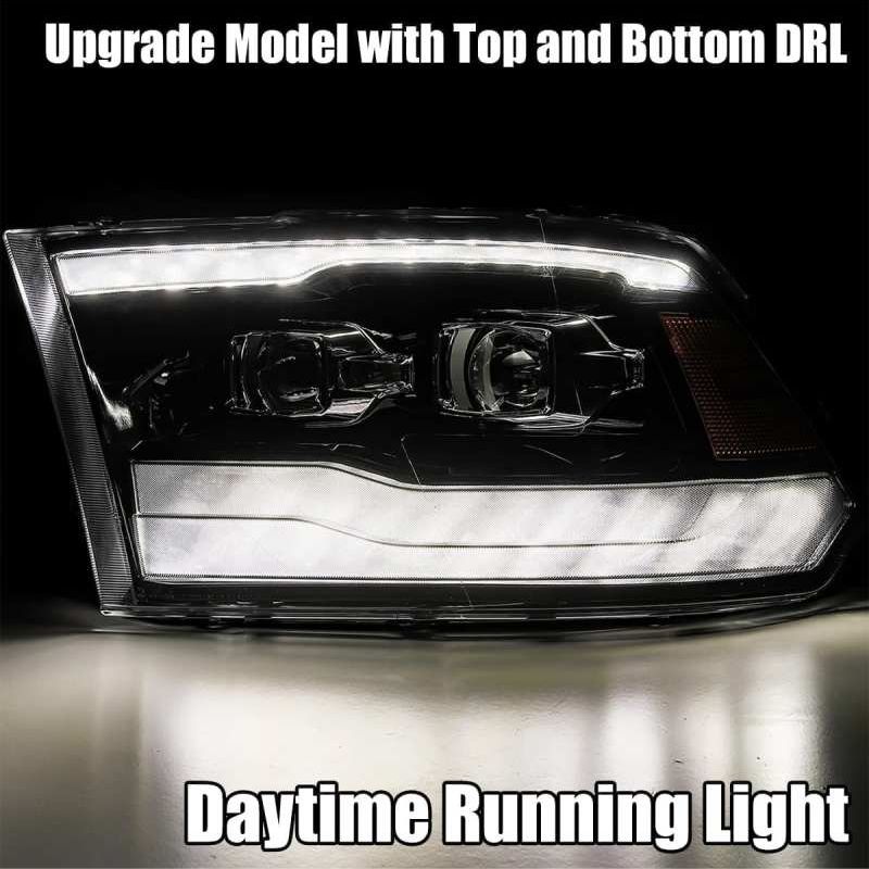 AlphaRex 09-18 Dodge Ram 1500HD LUXX LED Proj Headlights Plnk Style Blk w/Activ Light/Seq Signal/DRL-tuningsupply.com