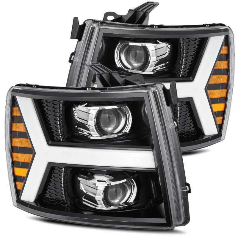 AlphaRex 07-13 Chevy 1500 LUXX LED Proj Headlights Plank Style Jet Blk w/ Activ Light/Seq Signal/DRL-tuningsupply.com