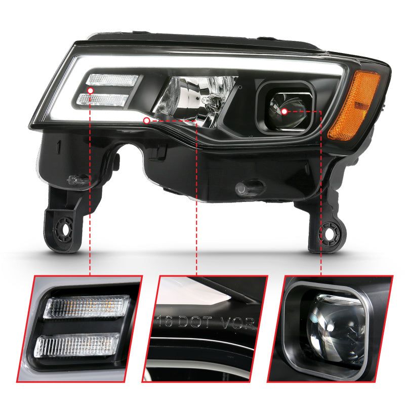 ANZO 2017-2018 Jeep Grand Cherokee Projector Headlights w/ Plank Style Switchback - Black w/ Amber-tuningsupply.com