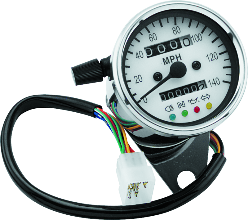 Bikers Choice 2.5 Inch Chrome 2:1 Universal Mini Speedo w LED Indicators White Face 140 Mph-tuningsupply.com