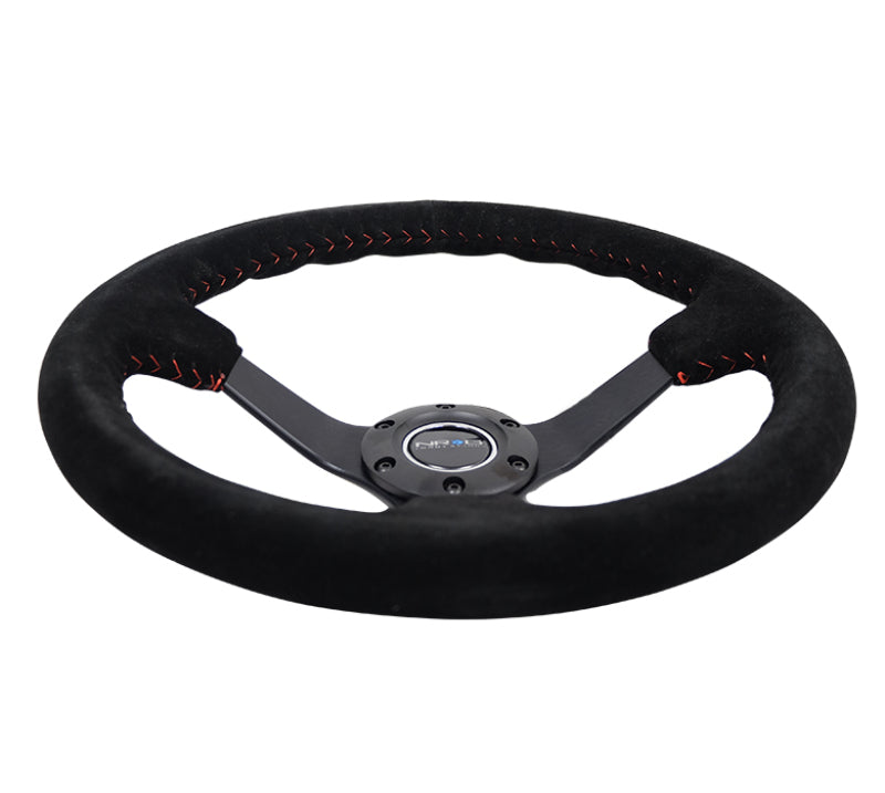 NRG Reinforced Steering Wheel (350mm / 3in. Deep) Blk Suede/Red BBall Stitch w/5mm Matte Blk Spokes-tuningsupply.com