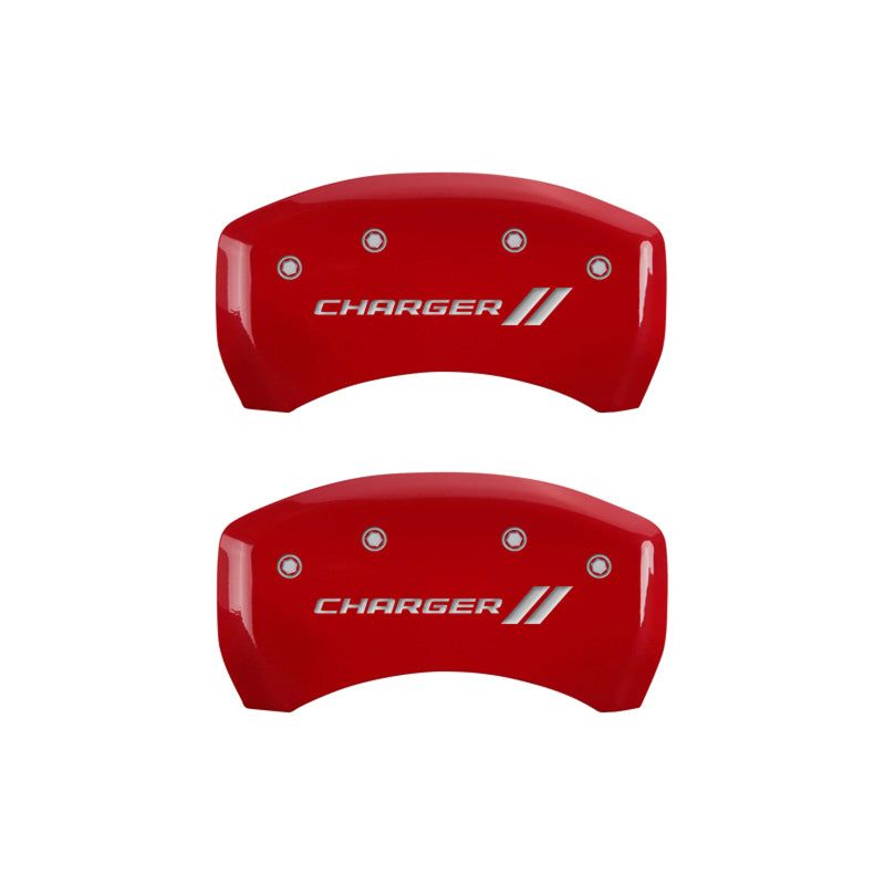 MGP 4 Caliper Covers Engraved Front & Rear With stripes/Charger Red finish silver ch-tuningsupply.com