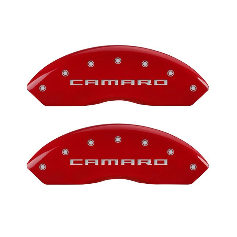 MGP 4 Caliper Covers Engraved Front Gen 5/Camaro Engraved Rear Gen 5/RS Red finish silver ch-tuningsupply.com