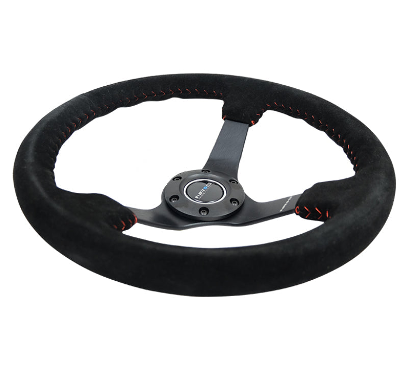 NRG Reinforced Steering Wheel (350mm / 3in. Deep) Blk Suede/Red BBall Stitch w/5mm Matte Blk Spokes-tuningsupply.com