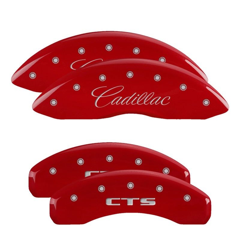 MGP 4 Caliper Covers Engraved Front Cursive/Cadillac Engraved Rear CTS Red finish silver ch-tuningsupply.com