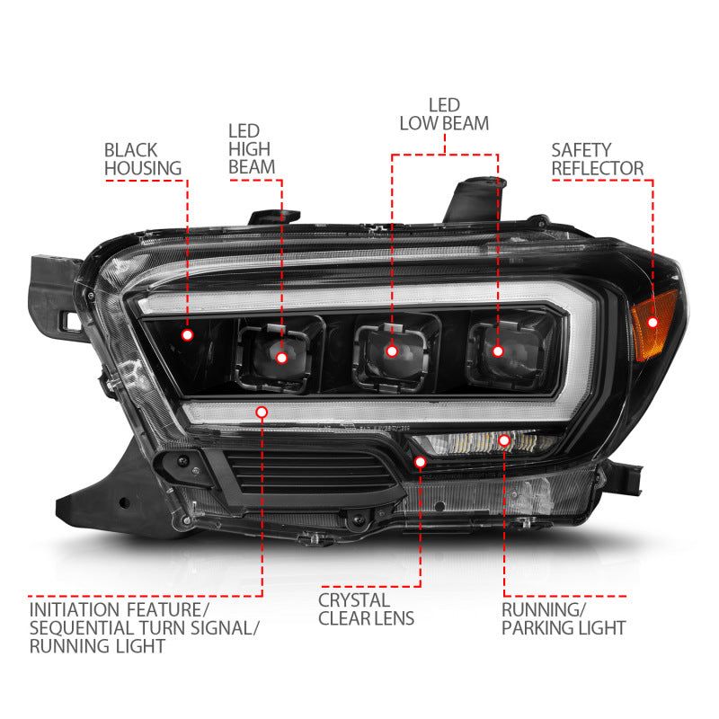 ANZO 16-22 Toyota Tacoma SR/SR5 ONLY Full LED Proj Headlights w/Light Bar Seq. Blk w/Initiation Lgt-tuningsupply.com