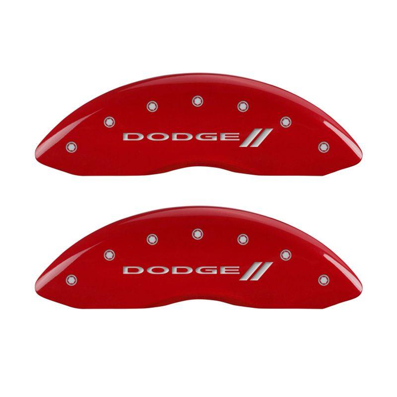 MGP 4 Caliper Covers Engraved Front & Rear With stripes/Dodge Red finish silver ch-tuningsupply.com