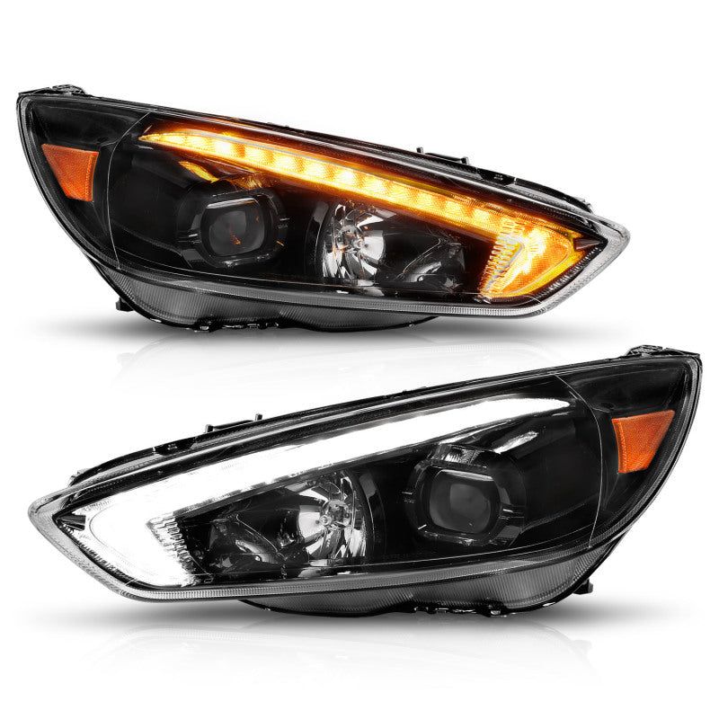 ANZO 15-18 Ford Focus Projector Headlights - w/ Light Bar Switchback Black Housing-tuningsupply.com