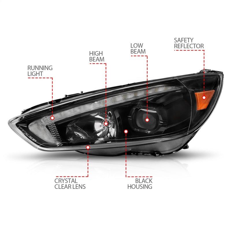 ANZO 15-18 Ford Focus Projector Headlights - w/ Light Bar Switchback Black Housing-tuningsupply.com