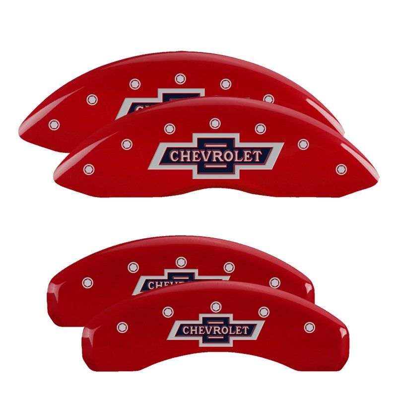 MGP 4 Caliper Covers Engraved F & R 100 Anniversary Red Finish Silver Char 2019 Chevy Silverado 1500-tuningsupply.com