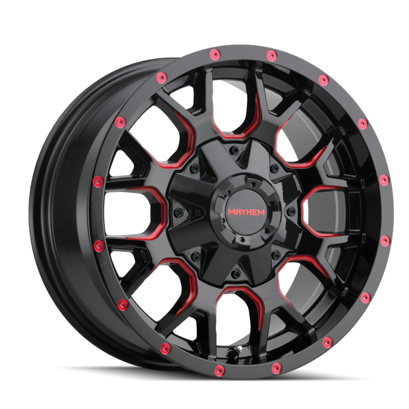 Mayhem 8015 Warrior 17x9 / 5x127 BP / 18mm Offset / 87mm Hub Black w/ Prism Red Wheel-tuningsupply.com