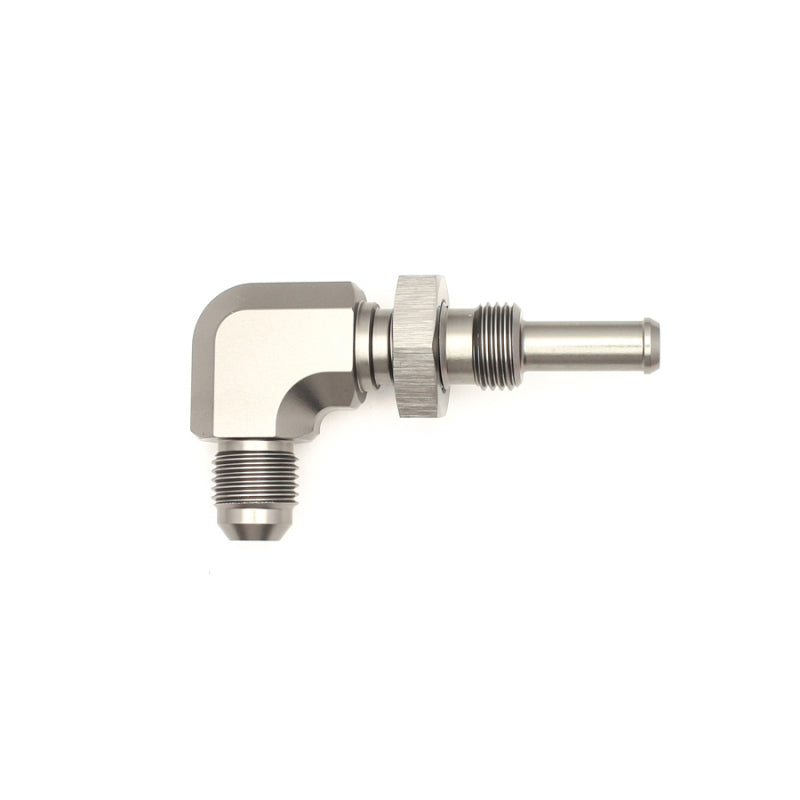 DeatschWerks 6AN Male Flare To 5/16in. Male Barb Bulkhead Adapter 90-Degree (Incl. Nut)-tuningsupply.com