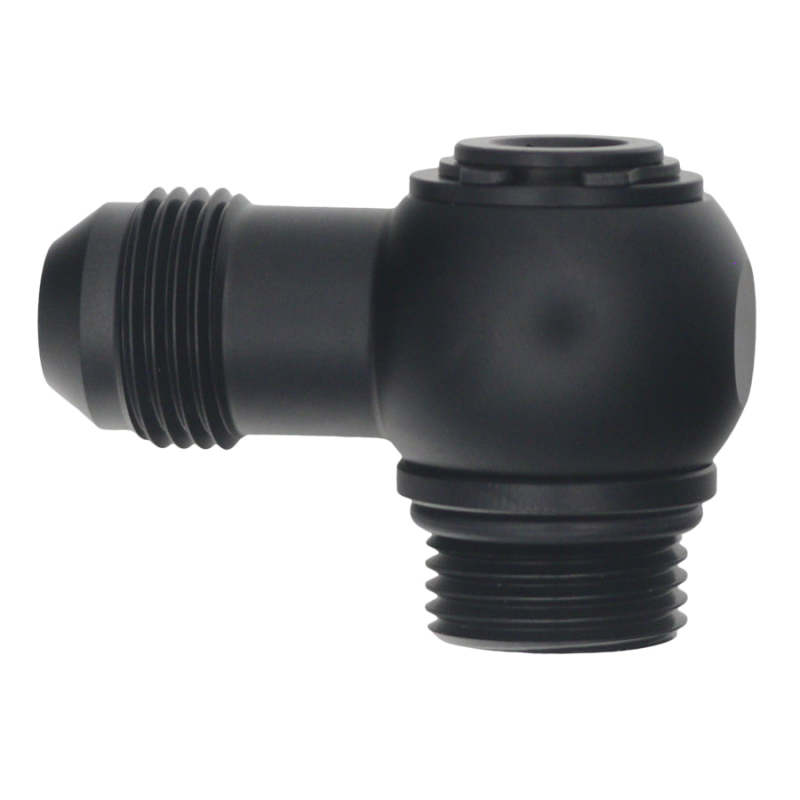 DeatschWerks 8AN ORB Male to 8AN Male Flare Low Profile 90-Degree Swivel - Anodized Matte Black-tuningsupply.com