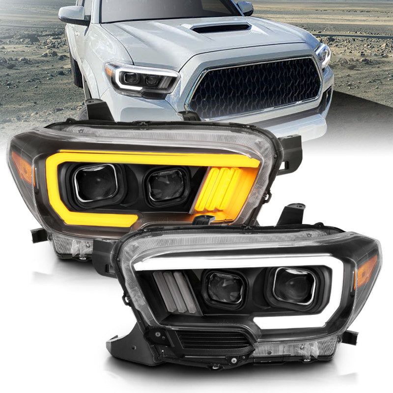 ANZO 2016-2017 Toyota Tacoma Projector Headlights w/ Plank Style Switchback Black w/ Amber-tuningsupply.com