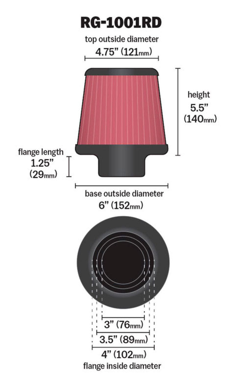 

K&N Engineering RG-1001RD - KNNRG-1001RD - K&N Universal Air Filter Chrome Round Tapered Red - 4in Flange ID x 1.125in Flange Length x 5.5in H - Shipped in Europe - Tuningsupply.com
