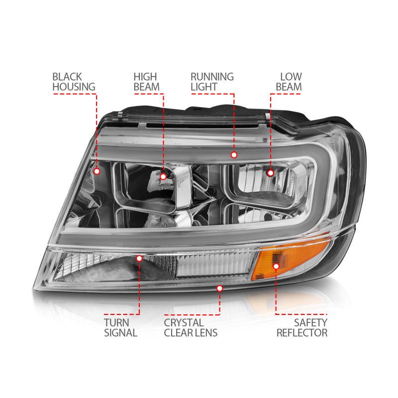 ANZO 1999-2004 Jeep Grand Cherokee Crystal Headlights w/ Light Bar Chrome Housing-tuningsupply.com