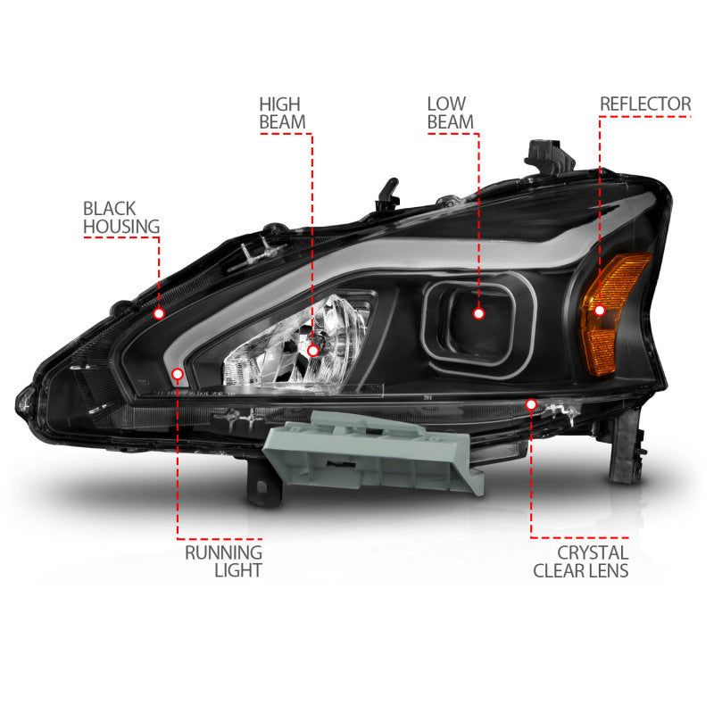 ANZO 13-15 Nissan Altima (w/o Factory HID Bulbs) Projector Headlights - w/ Light Bar Black Housing-tuningsupply.com