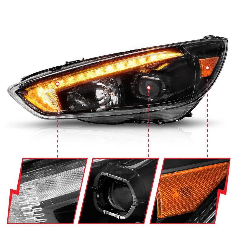 ANZO 15-18 Ford Focus Projector Headlights - w/ Light Bar Switchback Black Housing-tuningsupply.com