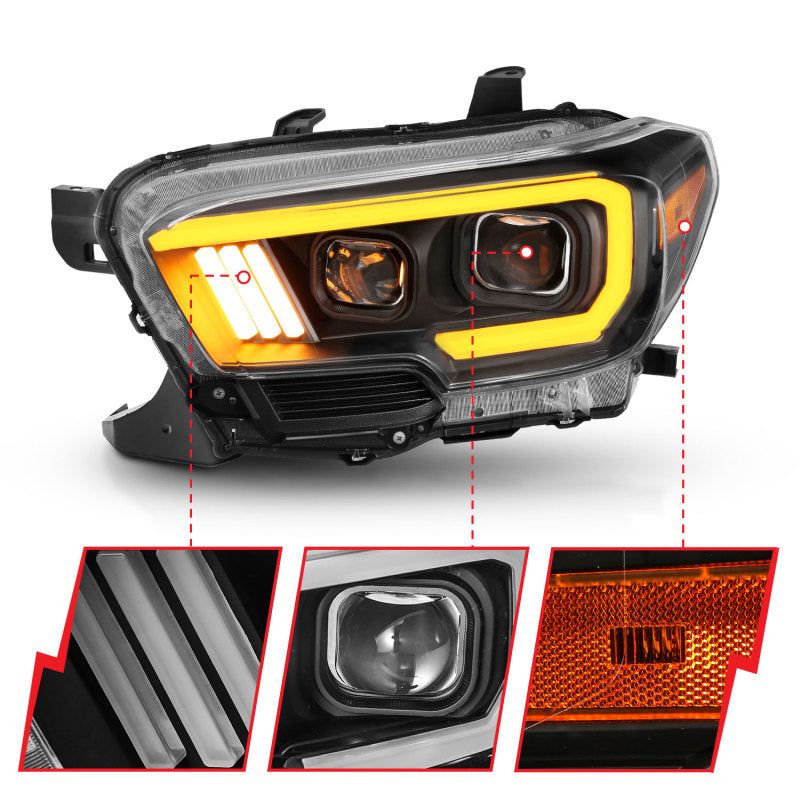 ANZO 2016-2017 Toyota Tacoma Projector Headlights w/ Plank Style Switchback Black w/ Amber w/ DRL-tuningsupply.com