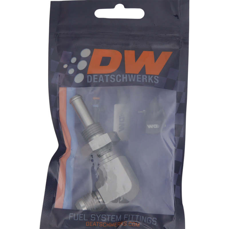 DeatschWerks 6AN Male Flare To 5/16in. Male Barb Bulkhead Adapter 90-Degree (Incl. Nut)-tuningsupply.com