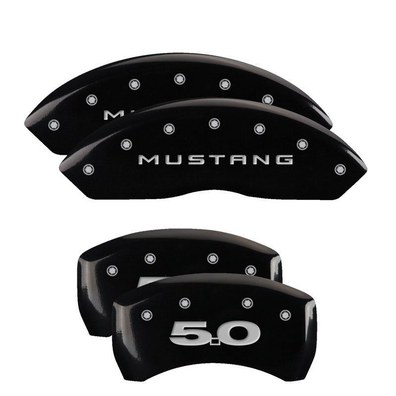 MGP 4 Caliper Covers Engraved Front Mustang Engraved Rear 50 Black finish silver ch-tuningsupply.com