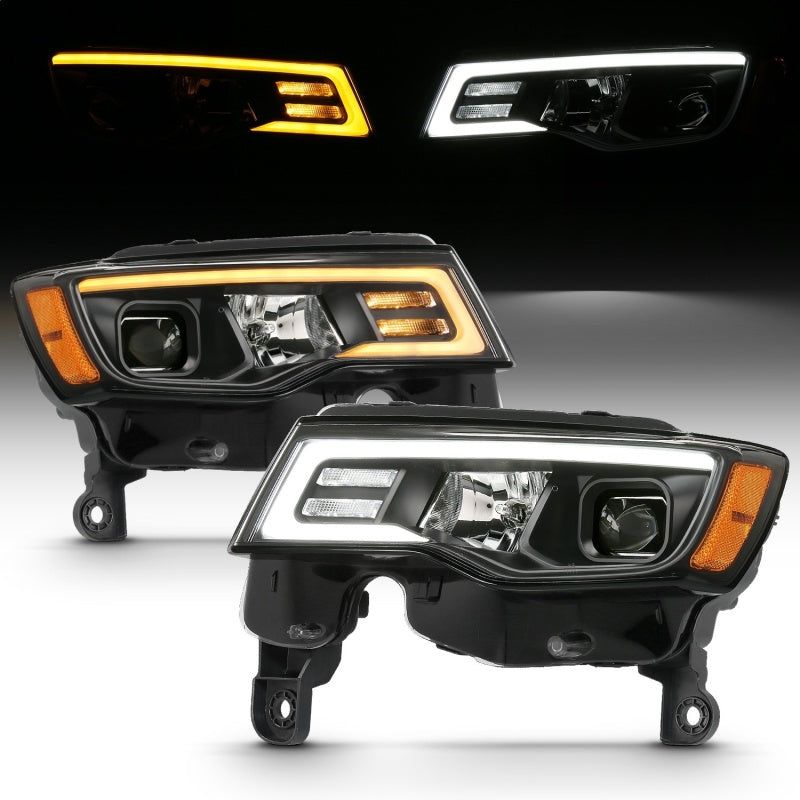 ANZO 2017-2018 Jeep Grand Cherokee Projector Headlights w/ Plank Style Switchback - Black w/ Amber-tuningsupply.com