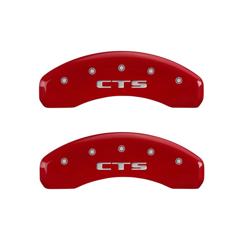 MGP 4 Caliper Covers Engraved Front Cursive/Cadillac Engraved Rear CTS Red finish silver ch-tuningsupply.com