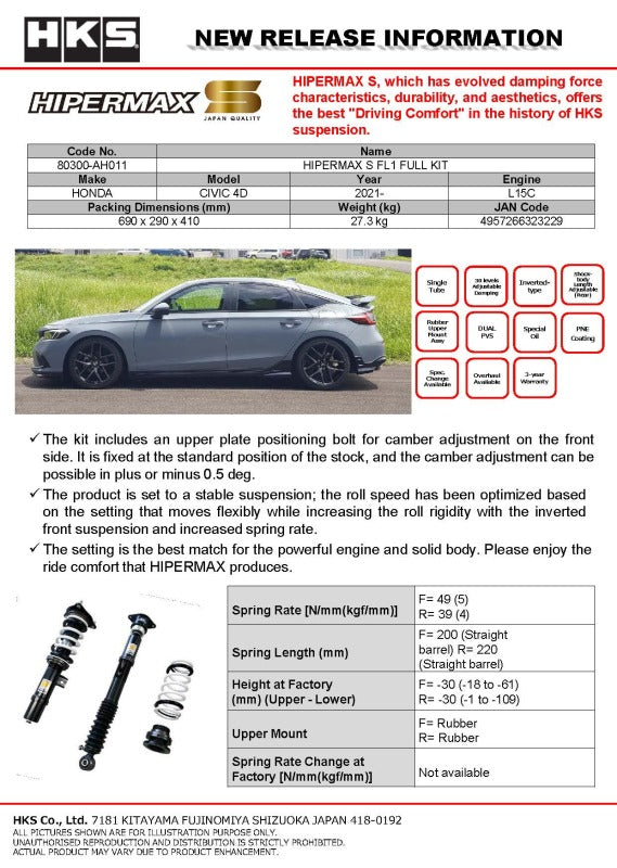 

HKS 80300-AH011 - HKS80300-AH011 - HKS 2021+ Honda Civic (FL1) Hipermax S Full Kit - Shipped in Europe - Tuningsupply.com
