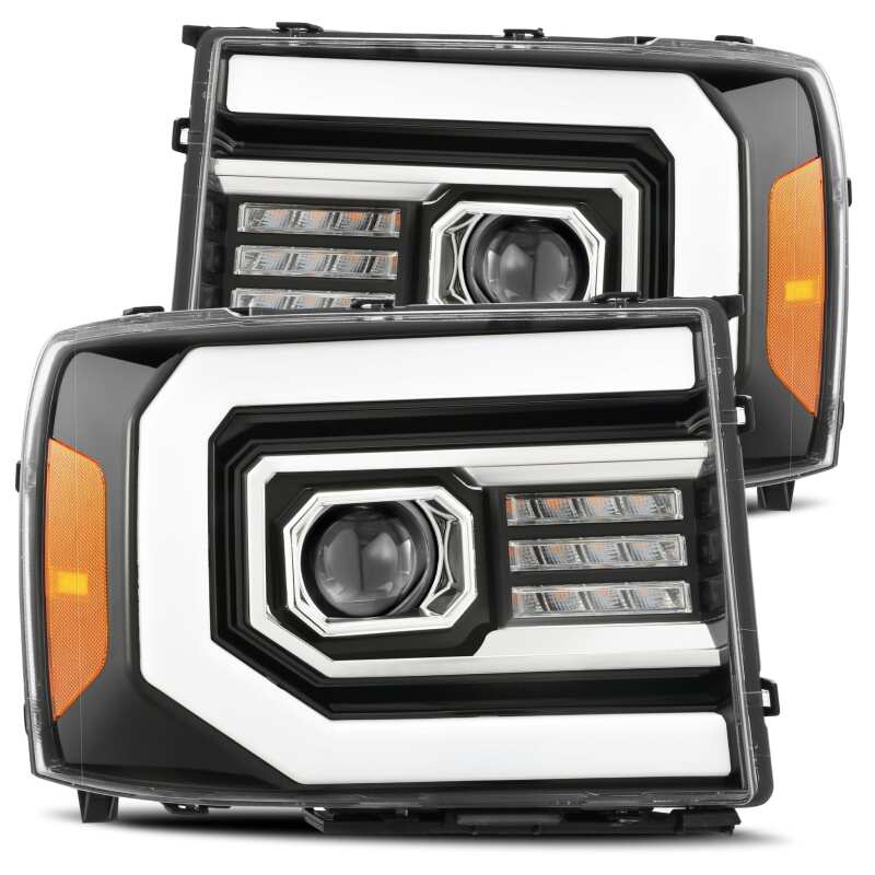 AlphaRex 07-13 GMC Sierra 1500 (No Clsc) LUXX-Series LED Proj HL Jet Blk w/Actv Lgt & Seq.Sig / DRL-tuningsupply.com