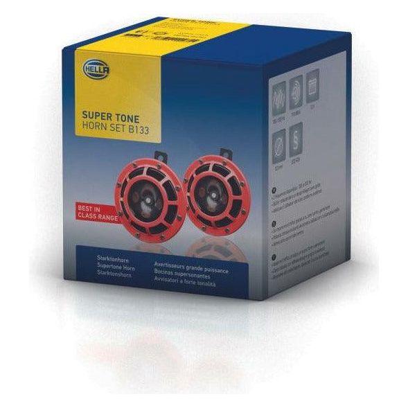 Hella Supertone Horn Kit 12V 300/500HZ Red (003399803 = 003399801)-tuningsupply.com