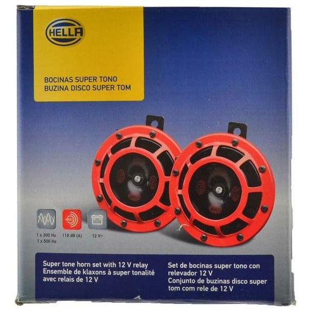 Hella Supertone Horn Kit 12V 300/500HZ Red (003399803 = 003399801)-tuningsupply.com