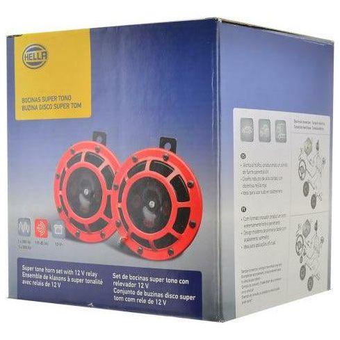 Hella Supertone Horn Kit 12V 300/500HZ Red (003399803 = 003399801)-tuningsupply.com