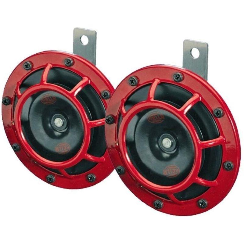 Hella Supertone Horn Kit 12V 300/500HZ Red (003399803 = 003399801)-tuningsupply.com